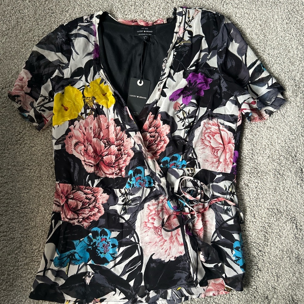 Lucky Brand Floral Wrap Top - Black, Pink, Yellow, Blue